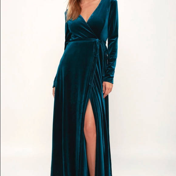 teal velvet wrap dress